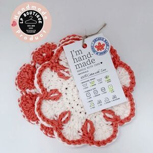 🌼Handmade Crochet Coaster Set - White and Brick Red